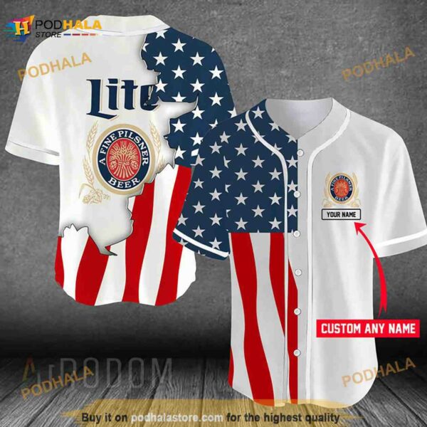 Personalized US Flag Miller Lite 3D Baseball Jersey