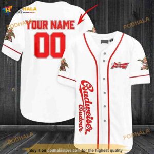 Personalized White Budweiser Beer 3D Baseball Jersey