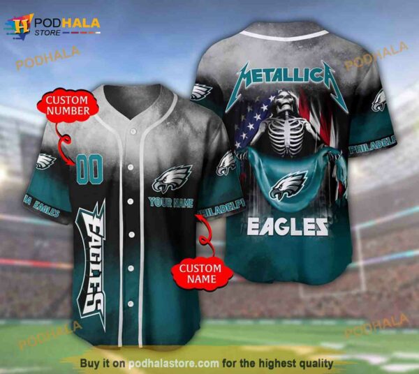 Philadelphia Eagles Personalized Name Number Metallica 3D Baseball Jersey