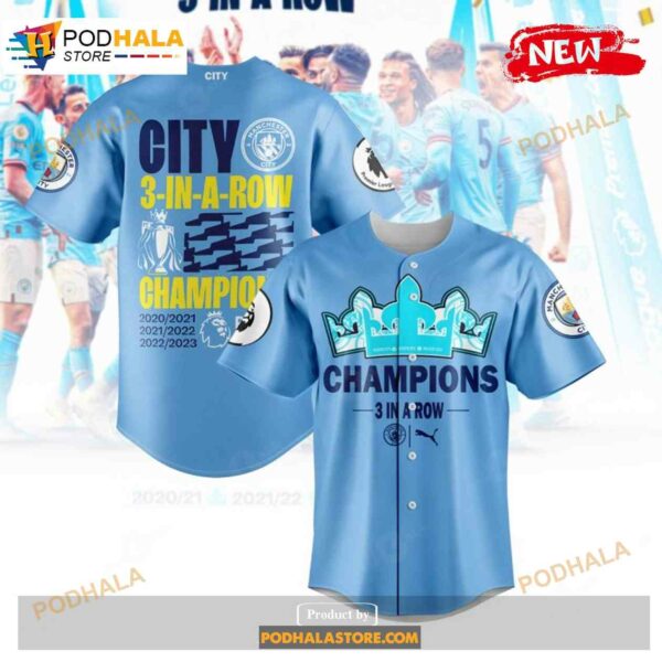 Premier League Champions Manchester City 3 In A Row 2023 Jersey Shirt