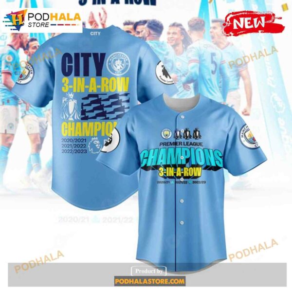 Premier League Champions Manchester City 3 In A Row 2023 V7 Jersey Shirt