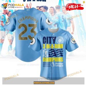 Premier League Champions Manchester City 3 In A Row 2023 V8 Jersey Shirt