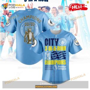 Premier League Champions Manchester City 3 In A Row 2023 V9 Jersey Shirt