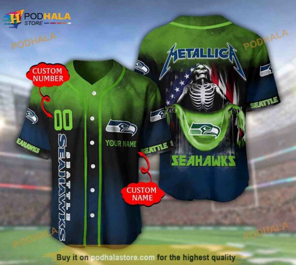 Seattle Seahawks Personalized Name Number Metallica 3D Baseball Jersey