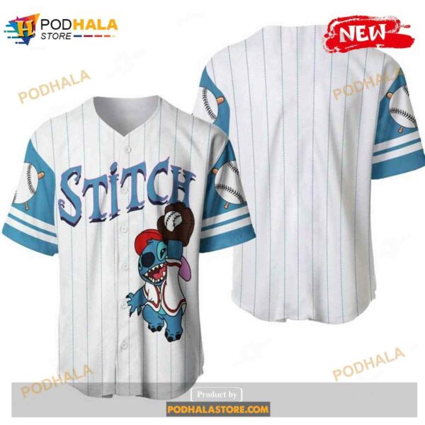 Stitch Disney All Over Print Pinstripe White Baseball Jersey