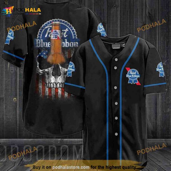 Us Flag Black Skull Pabst Blue Ribbon 3D Baseball Jersey