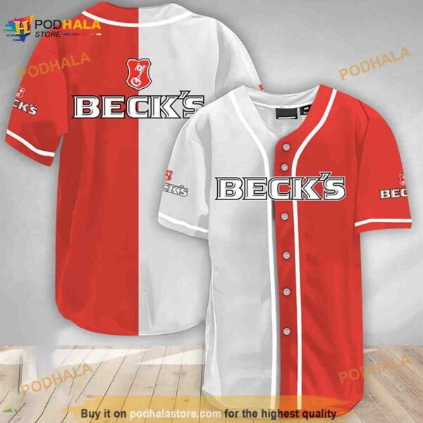 White And Red Split Beck’s Beer 3D Baseball Jersey